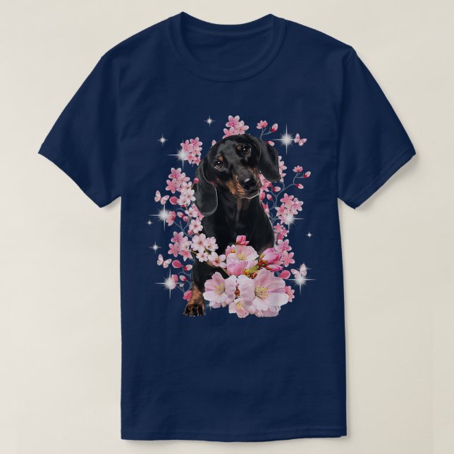 T-shirt Dachshund Chien Japonais Fleur de cerisier Sakura  (Design devant)
