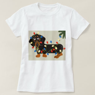T-shirt Dachshund emmêlé dans les lumières de Noël Noir/Ta