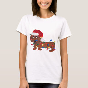 T-shirt Dachshund empêtré dans les lumières de Noël (Rouge