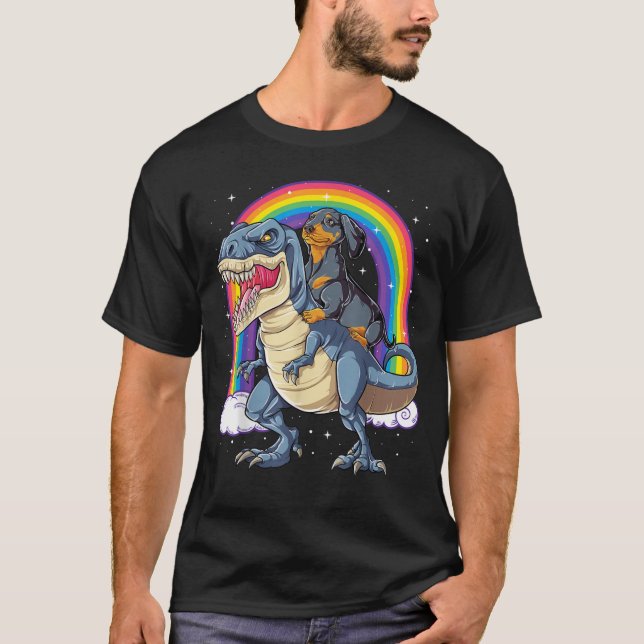 T-shirt Dachshund équitation Dinosaur T rex Cadeaux Garçon (Devant)