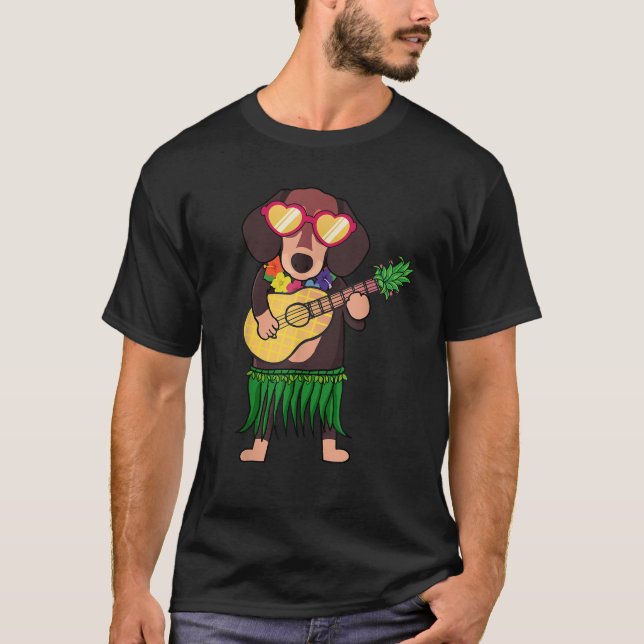 T-shirt Dachshund Hawaiian Costume Playing Ukulele Summer  (Devant)