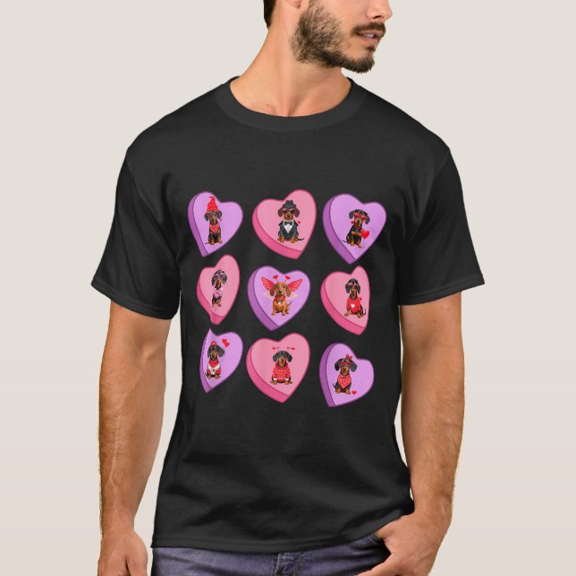 T-shirt Dachshund Hearts Candy Valentines Weiner Dog Pet L (Devant)
