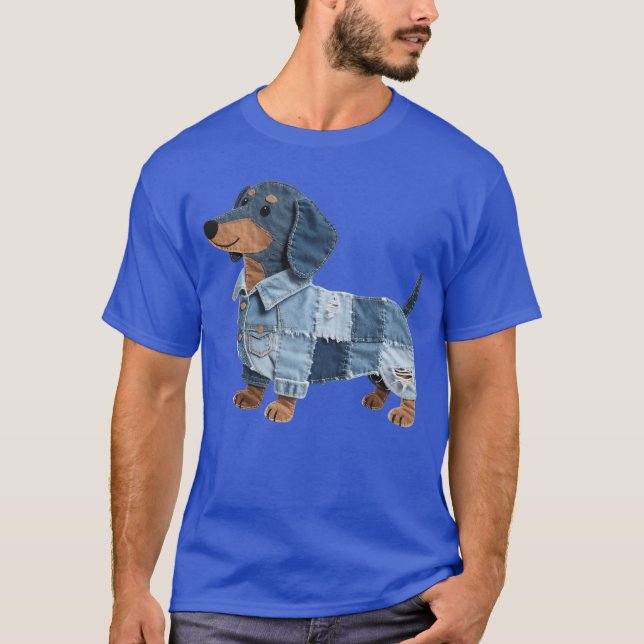 T-shirt Dachshund Pattern Denim Patchwork Art Funny Dachsh (Devant)