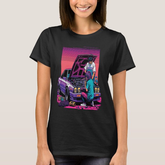 T-shirt Dad and Daughter Fixing Car Retro Pop Car Mechanic (Devant)