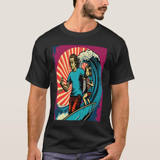 T-shirt Dad And Daughter Surfing Retro Pop Surfer Dad  3 (Devant)