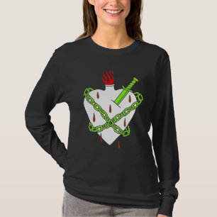 T-shirt Dagger Planté Dans Le Coeur Blanc Avec Une Flamme