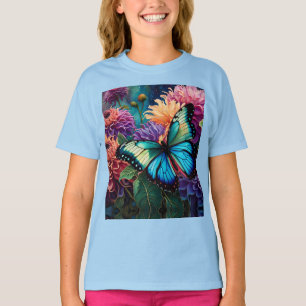 T-shirt Dahlias Et Papillon Vert Bleu Iridescente