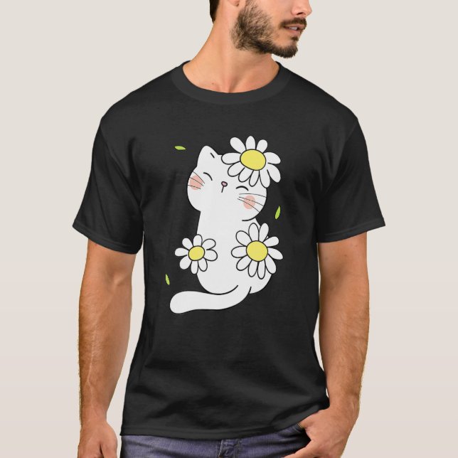 T-shirt Daisy Cat Spring Floral Kitten With Flower Animal  (Devant)