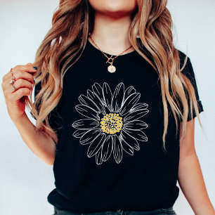 T-shirt Daisy noire lunatique ; Été floral minimaliste 