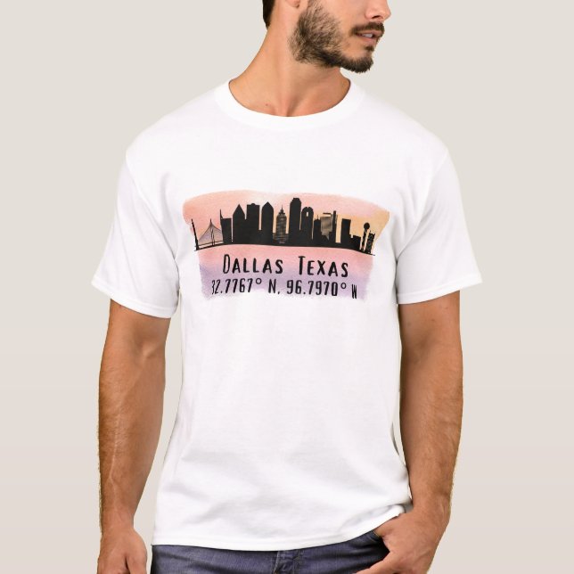T-shirt Dallas TX Skyline Latitude et Longitude (Devant)