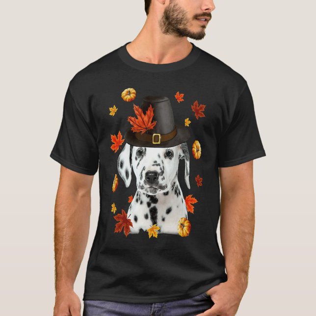 T-shirt Dalmatian Dog Pilgrim Hat Fall Happy Thanksgiving (Devant)