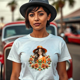 T-shirt Dame à Orange Derby Casquette - Orange Floral