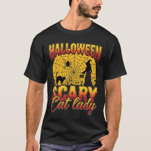 T-shirt Dame de chat effrayante Halloween Sorcière Toile d