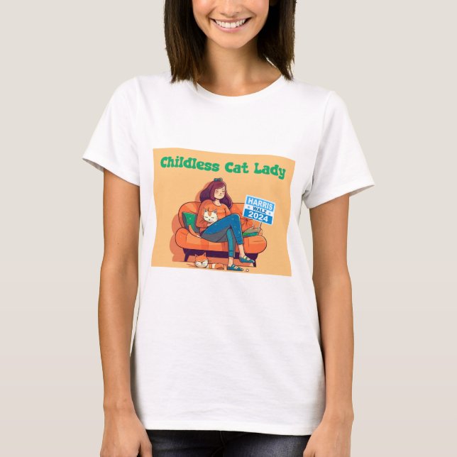 T-shirt Dame de chat sans enfant pour Harris/Walz (Devant)