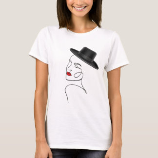 T-shirt Dame en Casquette noir avec Red Lips Line Art