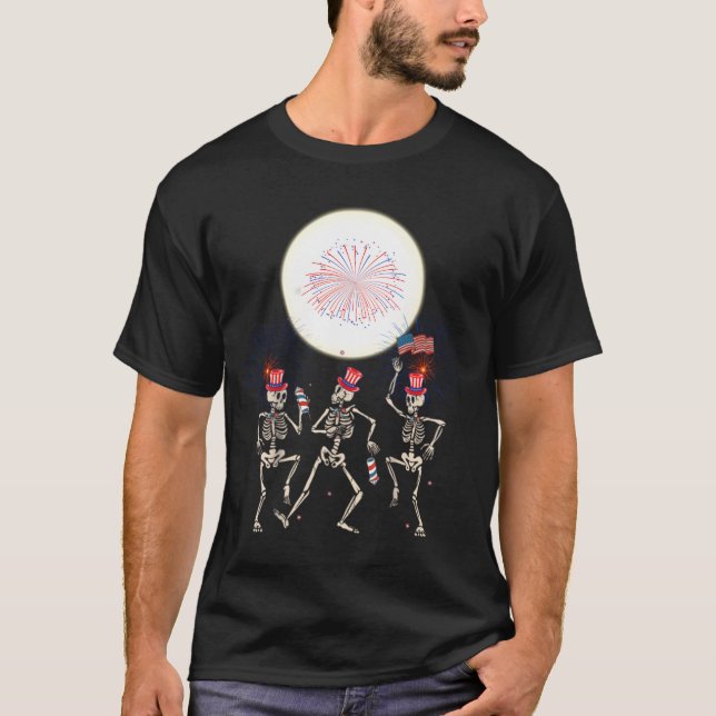 T-shirt Dancing Skeleton 4 juillet Drapeau américain Skell (Devant)