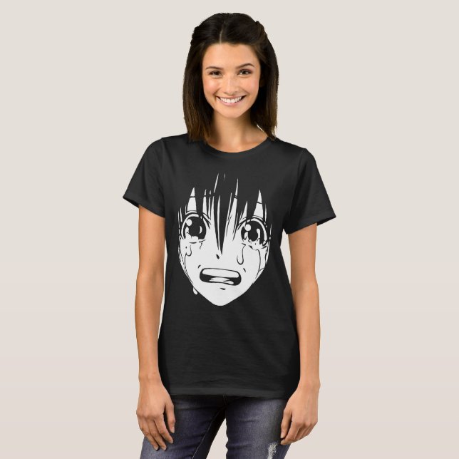 T-shirt d'Anime : Fille pleurante (noir et blanc) (Devant entier)