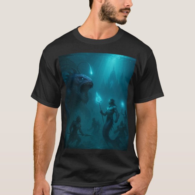 T-shirt Dark Aquatic Warrior & Sea Beast Fantasy Art (Devant)