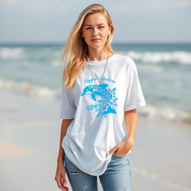 T-shirt Dauphin hawaïen Flippin' Fabial bleu clair (Hawaiian Dolphin Tropical Flowers, Fisherman Trending Fashion, Islander, Summer, Beach, Womens T )