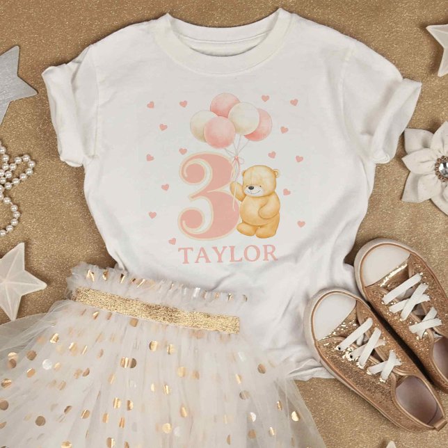 T-shirt de 3 ans avec le nom Pink Balloons (cute birthday t-shirt for 3 year old girl, fun t-shirt with number 3, Pink Teddy bear and balloons)