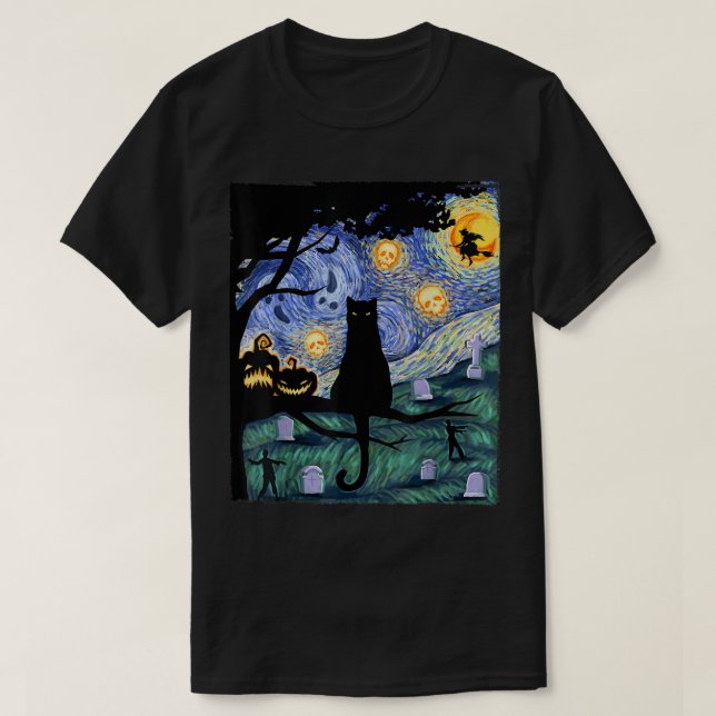 T-shirt de chat, Cat de nuit effrayant, Cadeau Van (Design devant)