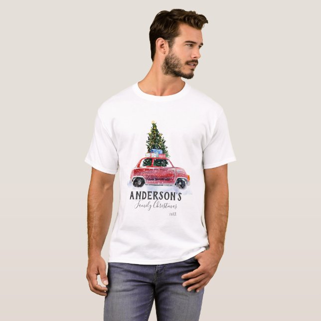T-shirt de Noël de famille - Voiture rouge Vintage (Devant entier)