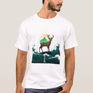 T-shirt Deer Wave Art - Ukiyo-e Moonlight Design