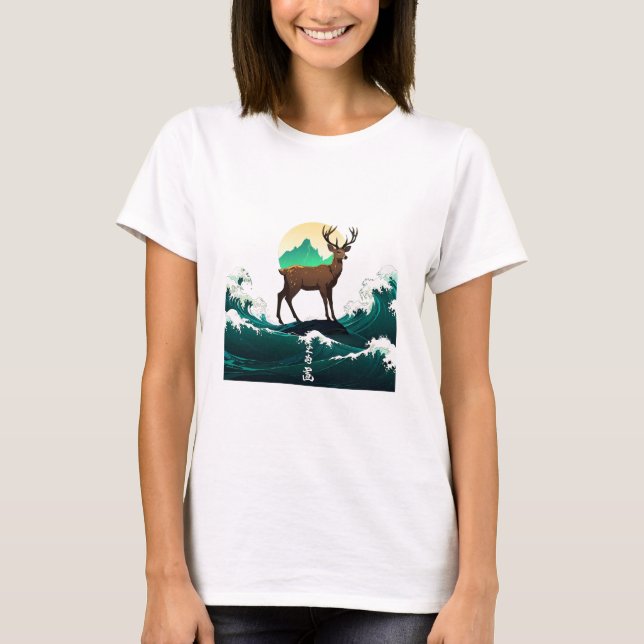 T-shirt Deer Wave Art - Ukiyo-e Moonlight Design (Devant)