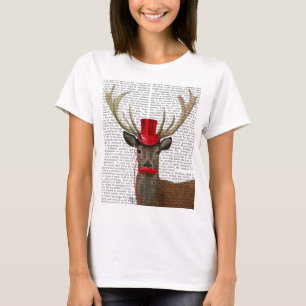 T-shirt Deer with Red Top Hat and Moustache