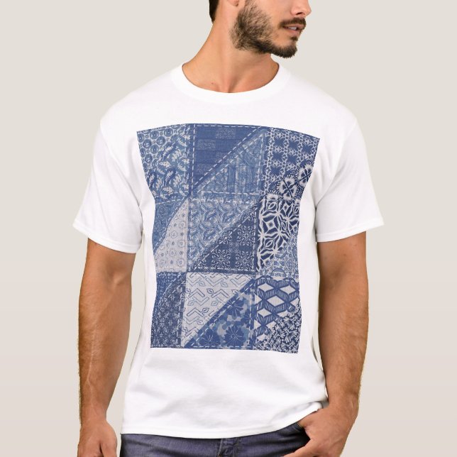 T-shirt Dénim Triangle Patchwork Texture Vintage. (Devant)