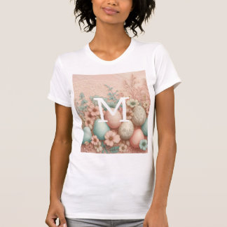 T-shirt Dentelle monogramme fleurs roses œufs de Pâques et