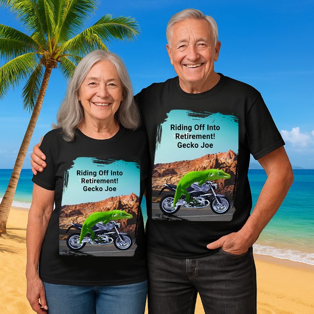 T-shirt Départ à la retraite Gecko Moto personnalisée (Riding Off into Retirement Custom Gecko Motorcycle T-Shirt)