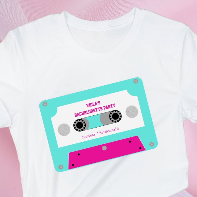 T-shirt Dernière Discothèque Cassette Rose Et Turquoise Ré (last disco cassette tape bachelorette party shirt retro pink and turquoise silver disco ball)