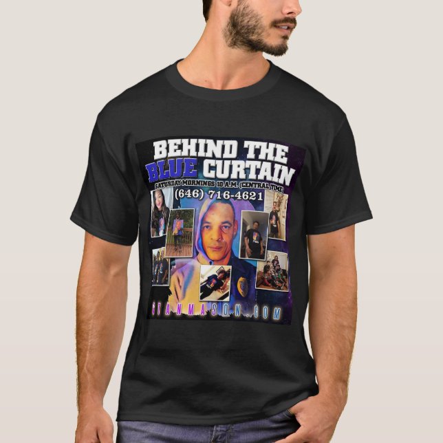 T-shirt Derrière la bannière de l'écouteur du rideau bleu (Devant)