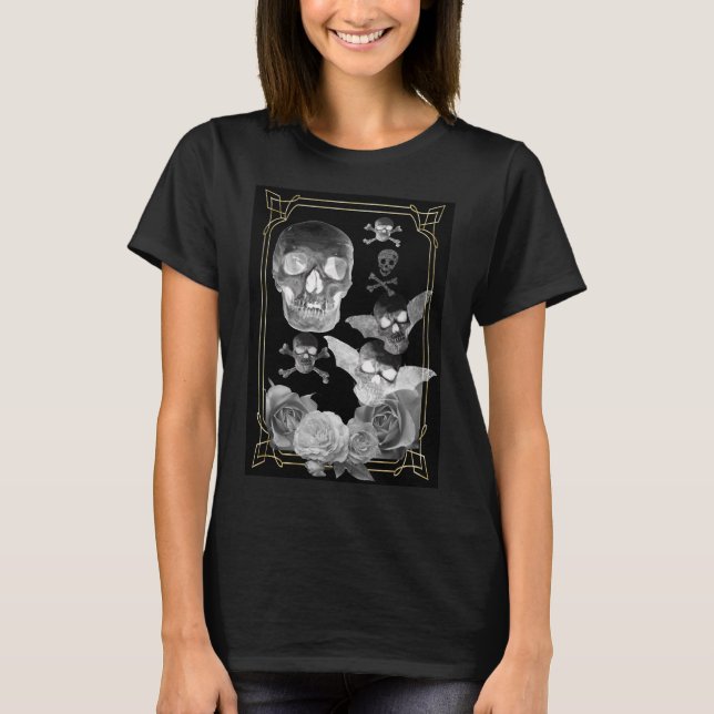T-shirt Des crânes volants et des roses gothiques (Devant)