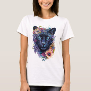 T-shirt Design d'art panthère florale   Panthère noire col