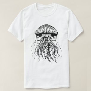 T-shirt Dessin à l'encre de méduse blanc minimal océan