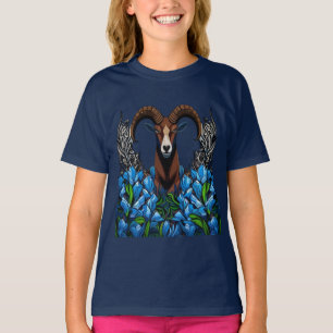 T-shirt Dessin animé d'un mouflon à cornes avec le bleu du