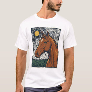 T-shirt Dessin artistique de cheval gravé vintage nuit éto