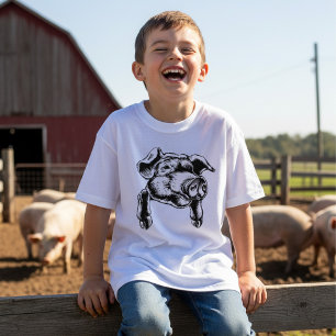 T-shirt Dessin d'animal de ferme tête de cochon en noir et