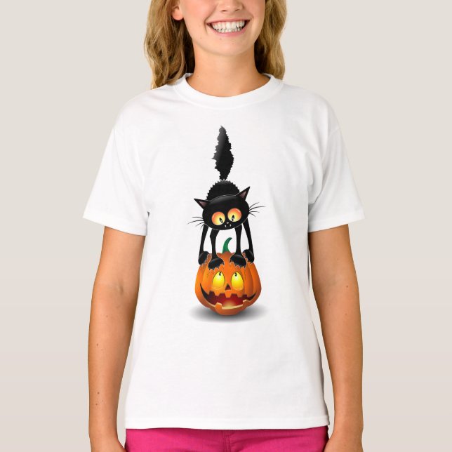 T-shirt Dessin d'Halloween au chat effrayé sur Citrouille (Devant)
