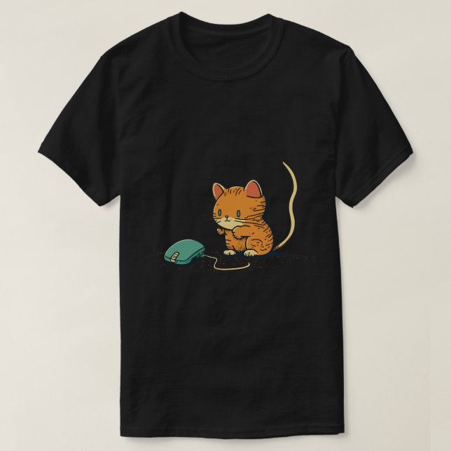 T-shirt Dessin D'Un Chaton Chasse Une Souris Ordinateur (Design devant)
