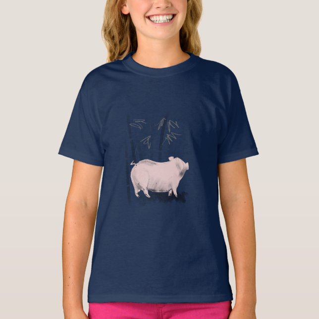 T-shirt Dessin original Cochon et Bambou Chemise fille (Devant)