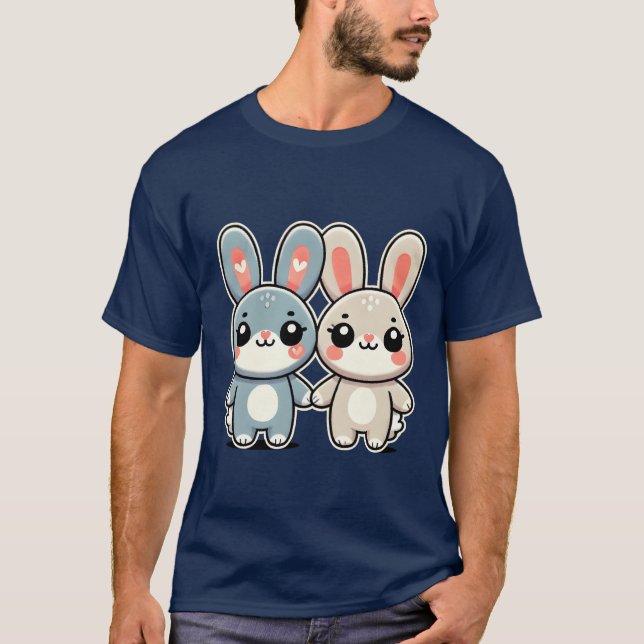 T-shirt Deux mignons amis lapin tenant les mains garçon (Devant)
