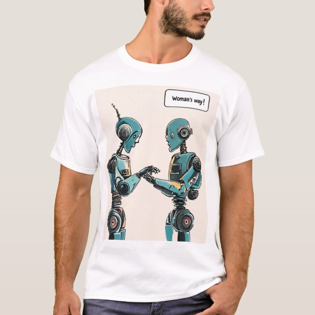 T-shirt Deux robots se faisant face, l'un écrivant un gree (Devant)