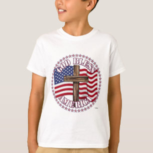 T-shirt Dieu Bénisse l'Amérique et Croix Avec Drapeau USA 