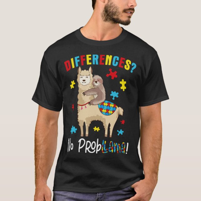 T-shirt Différent Aucun Prob Llama Sloth Llama Puzzle Auti (Devant)
