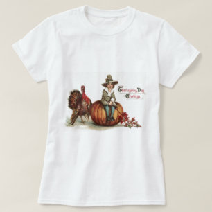 T-shirt Dinde de pèlerin mignon citrouille feuilles d'auto