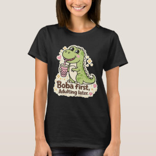 T-shirt Dino mignon buvant du bubble tea, thé aux perles