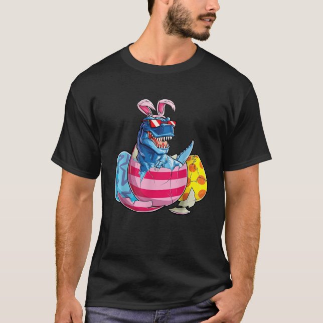 T-shirt Dinosaur Bunny Ears Sunglasses Rabbit Eggs Easter  (Devant)
